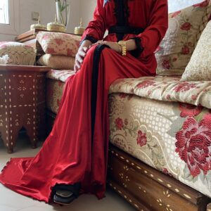 Glamorous Red Satin Kaftan with Black Lace Detailing